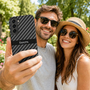 Custom Name Black & Grey Textured Diagonal Stripes Samsung Galaxy Case