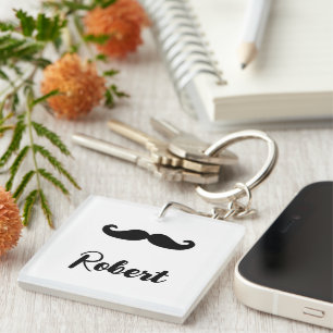 Custom name black handlebar moustache key ring