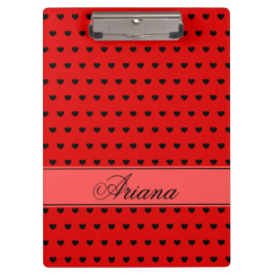 Custom Name, Black Hearts Pattern on Red Clipboard