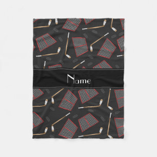 Custom name black hockey sticks pucks nets fleece blanket