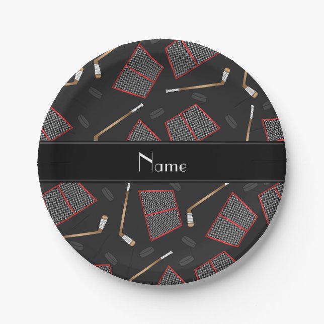 Custom name black hockey sticks pucks nets paper plate (Front)