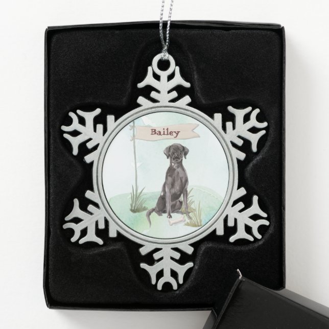 Custom Name Black Lab Pet Dog Snowflake Pewter Christmas Ornament (Box)
