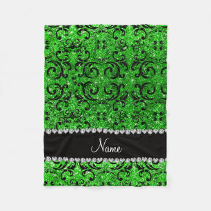 Custom name black lime green glitter damask fleece blanket