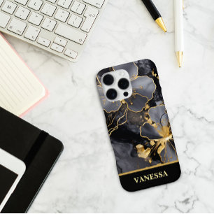 Custom Name Black Marble Gold Floral Personalised iPhone 16 Pro Max Case