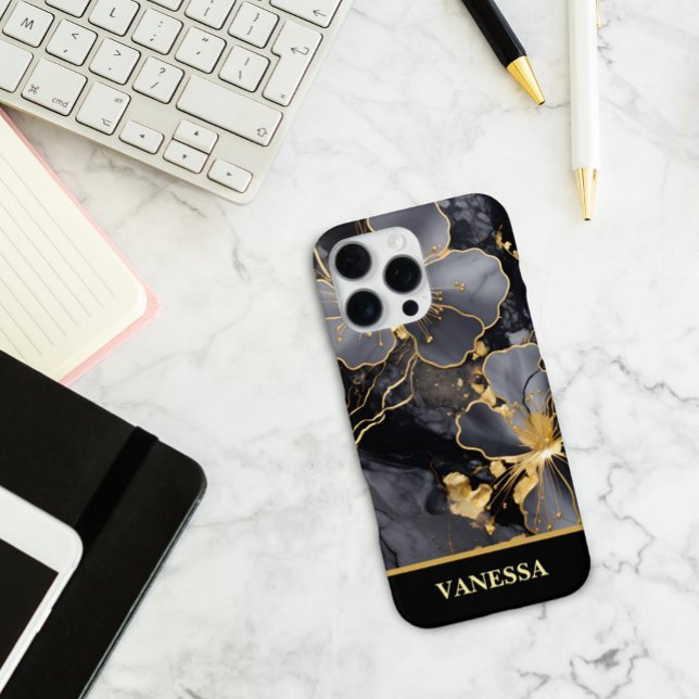 Custom Name Black Marble Gold Floral Personalised iPhone Case (Creator Uploaded)