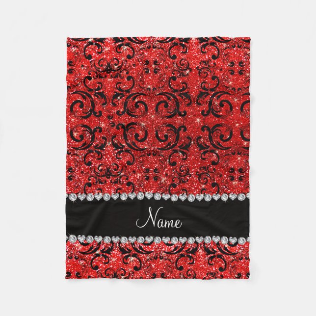 Custom name black neon red glitter damask fleece blanket (Front)