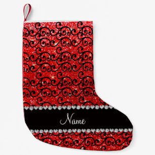 Custom name black neon red glitter swirls small christmas stocking