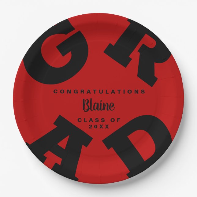 Custom Name Black on Scarlet Red Graduation Paper Plate (Front)