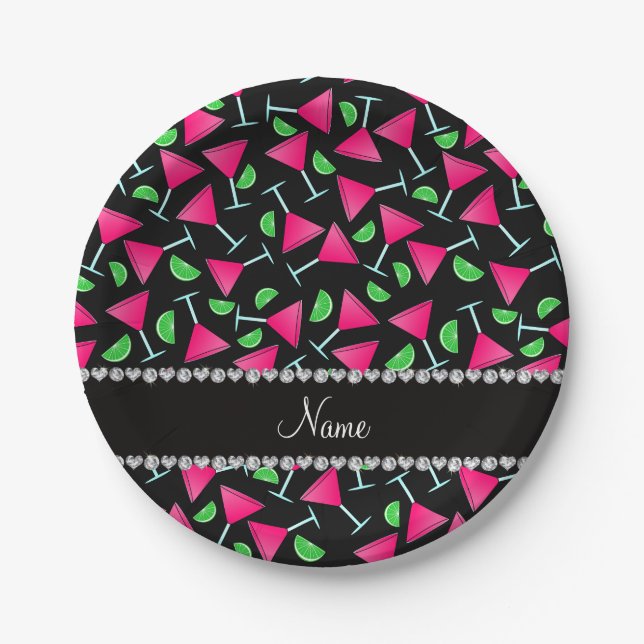 Custom name black pink cosmos limes paper plate (Front)