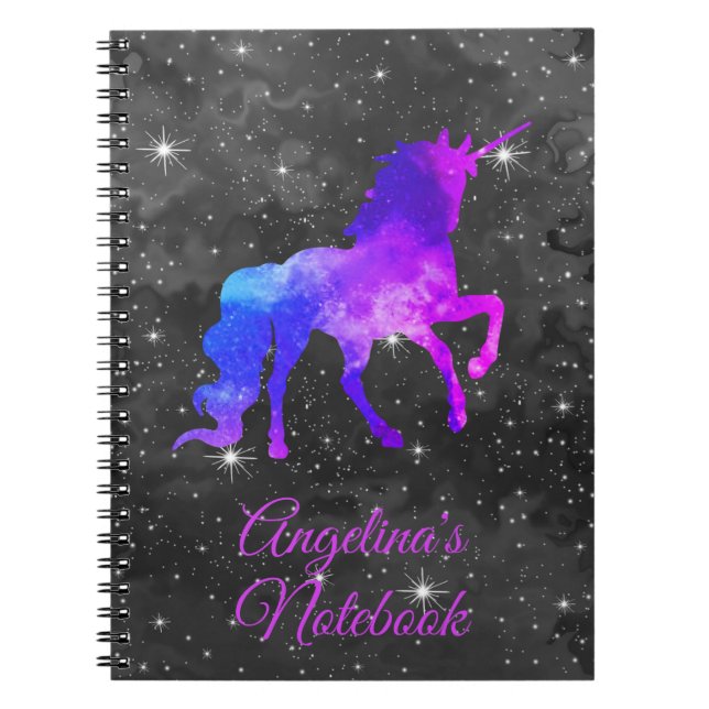 Custom Name Black/Purple Galaxy Unicorn Notebook (Front)