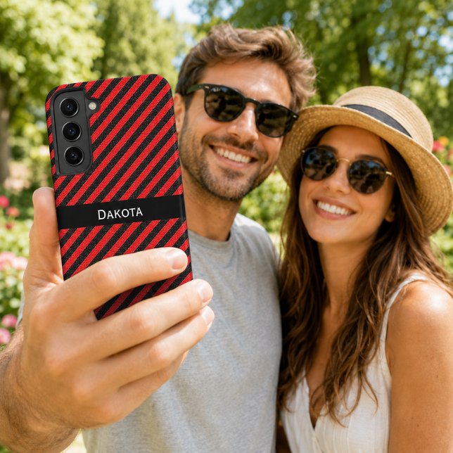 Custom Name Black & Red Textured Diagonal Stripes Samsung Galaxy S22+ Case (Custom Name Black & Red Textured Diagonal Stripes Samsung Galaxy Case)
