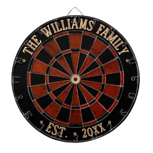 Custom Name Black & Rustic Brown Faux Wood Style Dartboard