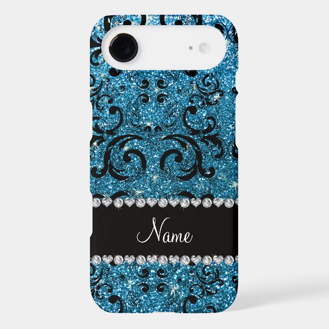 Custom name black sky blue glitter damask Case-Mate iPhone case (Back)
