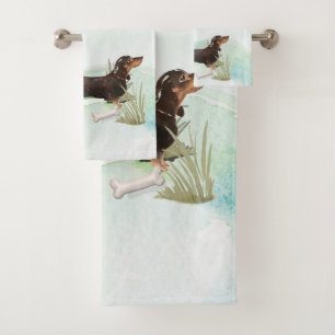 Custom Name Black & Tan Dachshund Pet Dog Bath Towel Set