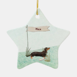 Custom Name Black & Tan Dachshund Pet Dog Ceramic Tree Decoration