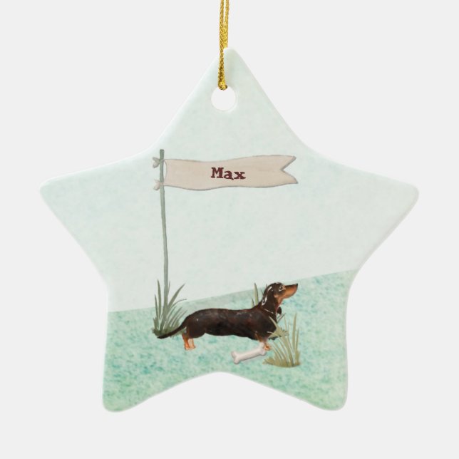 Custom Name Black & Tan Dachshund Pet Dog Ceramic Tree Decoration (Front)