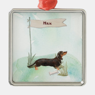 Custom Name Black & Tan Dachshund Pet Dog Metal Tree Decoration