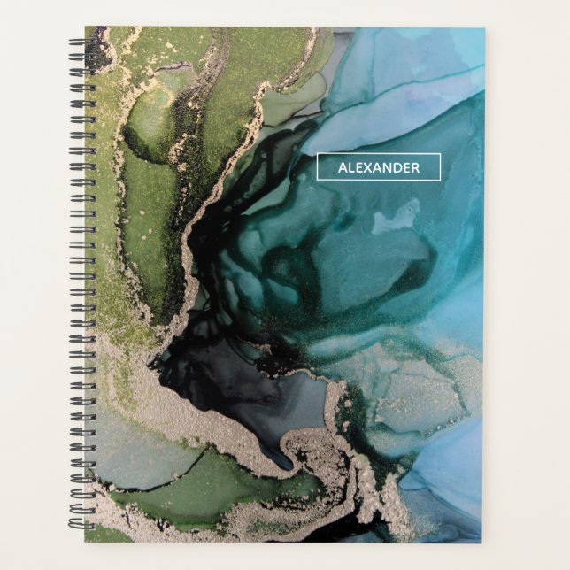 Custom Name Black Teal Green Gold Abstract Planner (Front)