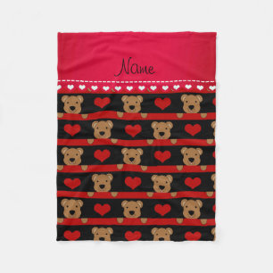 Custom name black teddy bears red hearts stripes fleece blanket