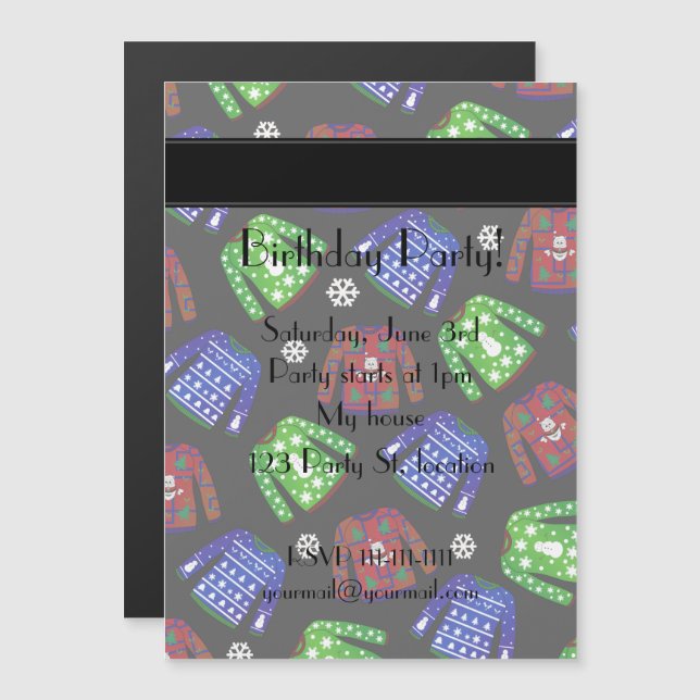 Custom name black ugly christmas sweater pattern magnetic invitation (Front/Back)