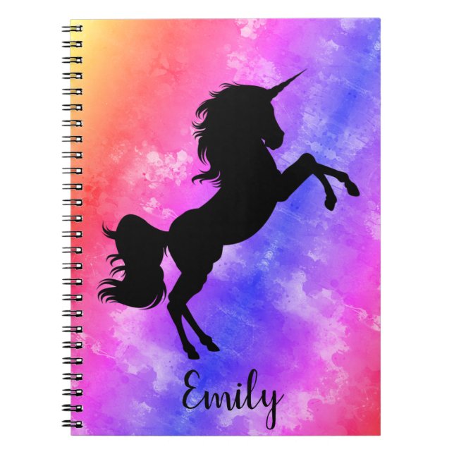 Custom Name Black Unicorn Rainbow Sky Notebook (Front)