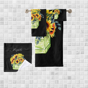 Custom Name black Watercolor sunflowers floral Bath Towel Set
