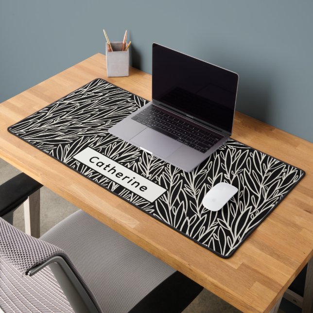 Custom Name Black White Botanical Office Accessory Desk Mat (Office 2)