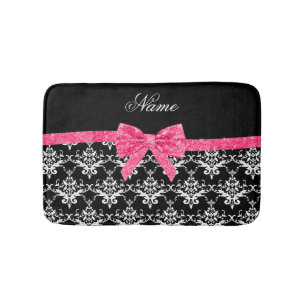 Custom name black white damask pink glitter bow bath mat
