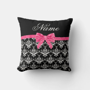 Custom name black white damask pink glitter bow cushion