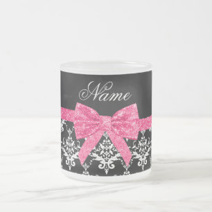 Custom name black white damask pink glitter bow frosted glass coffee mug