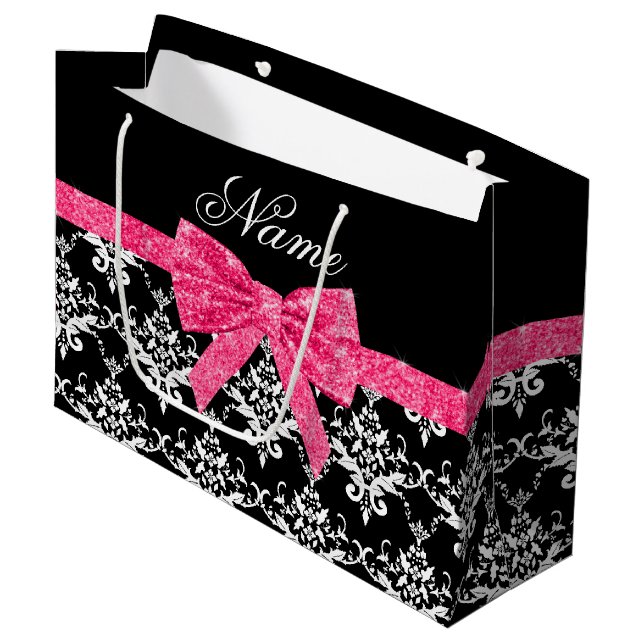 Custom name black white damask pink glitter bow large gift bag (Front Angled)