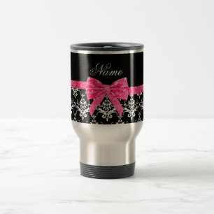 Custom name black white damask pink glitter bow travel mug