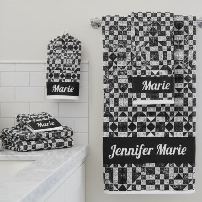Custom Name Black & White Floral Chequerboard Bath Towel Set (Creator Uploaded)