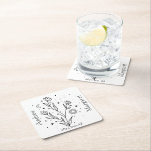 Custom Name Black & White Floral  Square Paper Coaster