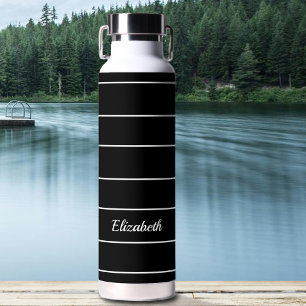 Custom Name Black & White Striped Modern Pattern Water Bottle