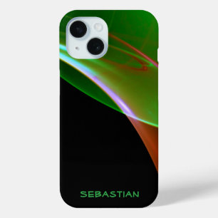 Custom Name Black Wispy Green Orange iPhone 15 Case
