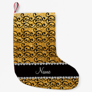 Custom name black yellow glitter swirls small christmas stocking