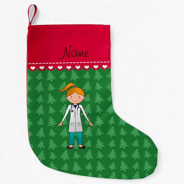Custom name blonde girl doctor green trees small christmas stocking (Front)