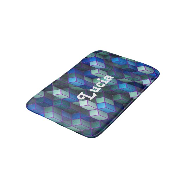 Custom name blue 3D cubes pattern Bath Mat (Angled)