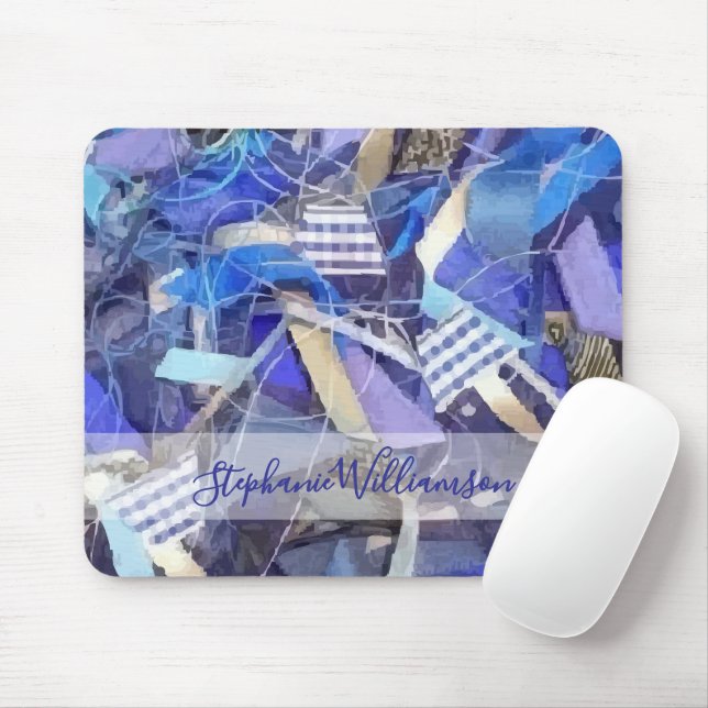 Custom Name Blue Abstract Maximalist Stripes  Mouse Mat (With Mouse)