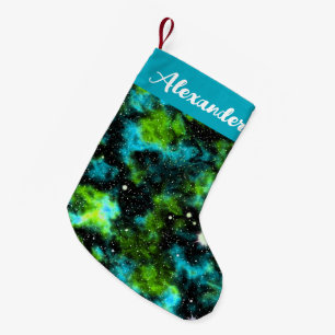 Custom Name Blue and Green Galaxy Cosmic Small Christmas Stocking