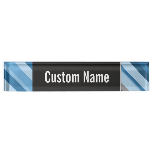 Custom Name + Blue and Grey Stripes Desk Nameplate (Front)