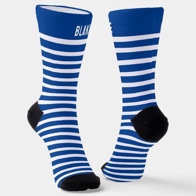  Custom Name Blue And White Striped Socks (Angled)