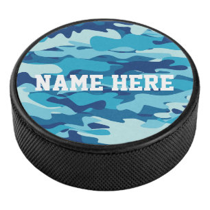 Custom name blue army camo hockey puck gift