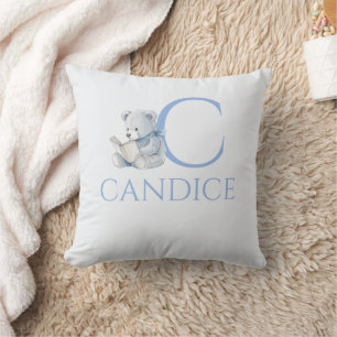 Custom Name Blue bear reading a book Cushion