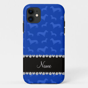 Custom name blue dachshund black heart stripe iPhone 11 case