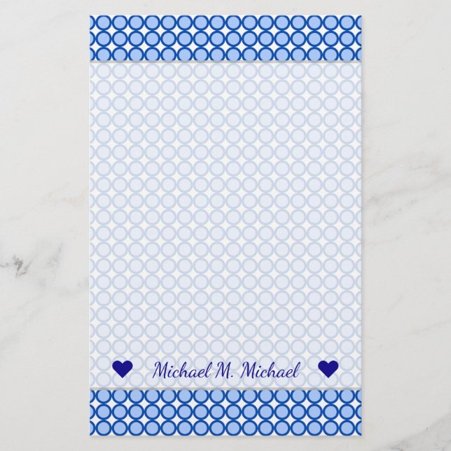 Custom Name + Blue Dots/Circles Pattern Stationery (Front)