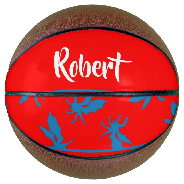 Custom name blue dragons on red basketball (Front)