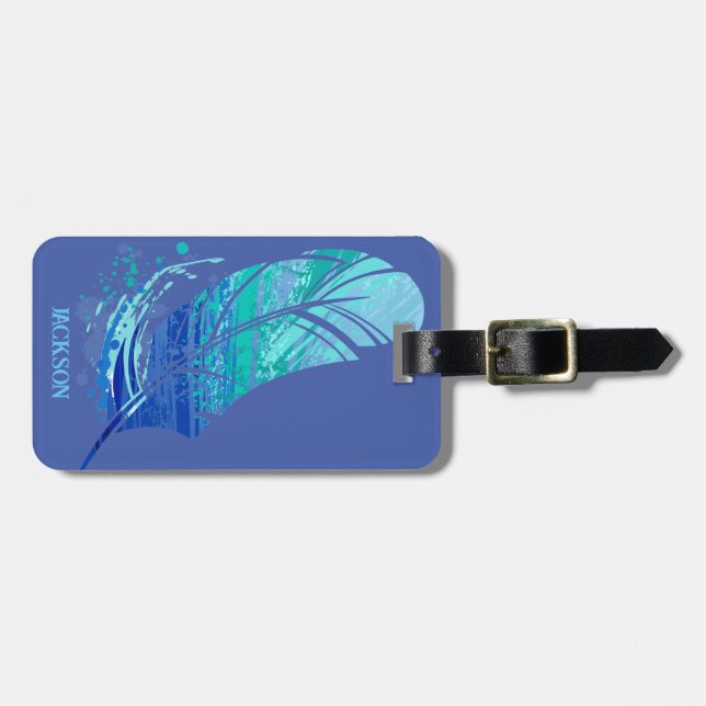 Custom Name Blue Feather Luggage Tag (Front Horizontal)