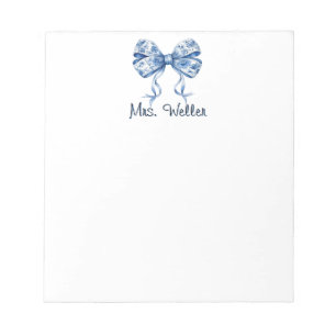 Custom Name Blue Floral Coquette Bow Design Notepad